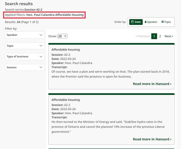 Hansard search interface with applied filters "Hon. Paul Calandra Affordable housing" highlighted