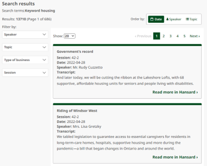 Hansard search interface showing the filter options of "Speaker," "Topic," and "Type of business"