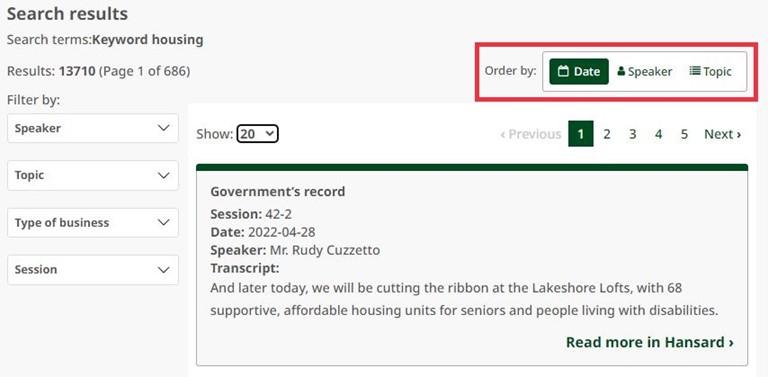 Hansard search interface with the order by options "date," "speaker," and "topic" highlighted 
