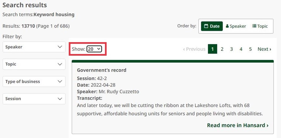 screenshot of Hansard search interface showing the number 20 on a drop-down menu next to the work "show"