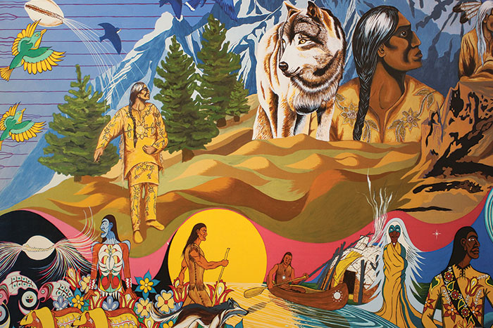  Une image d'une peinture mettant en vedette les peuples et les thèmes des Premières Nations.