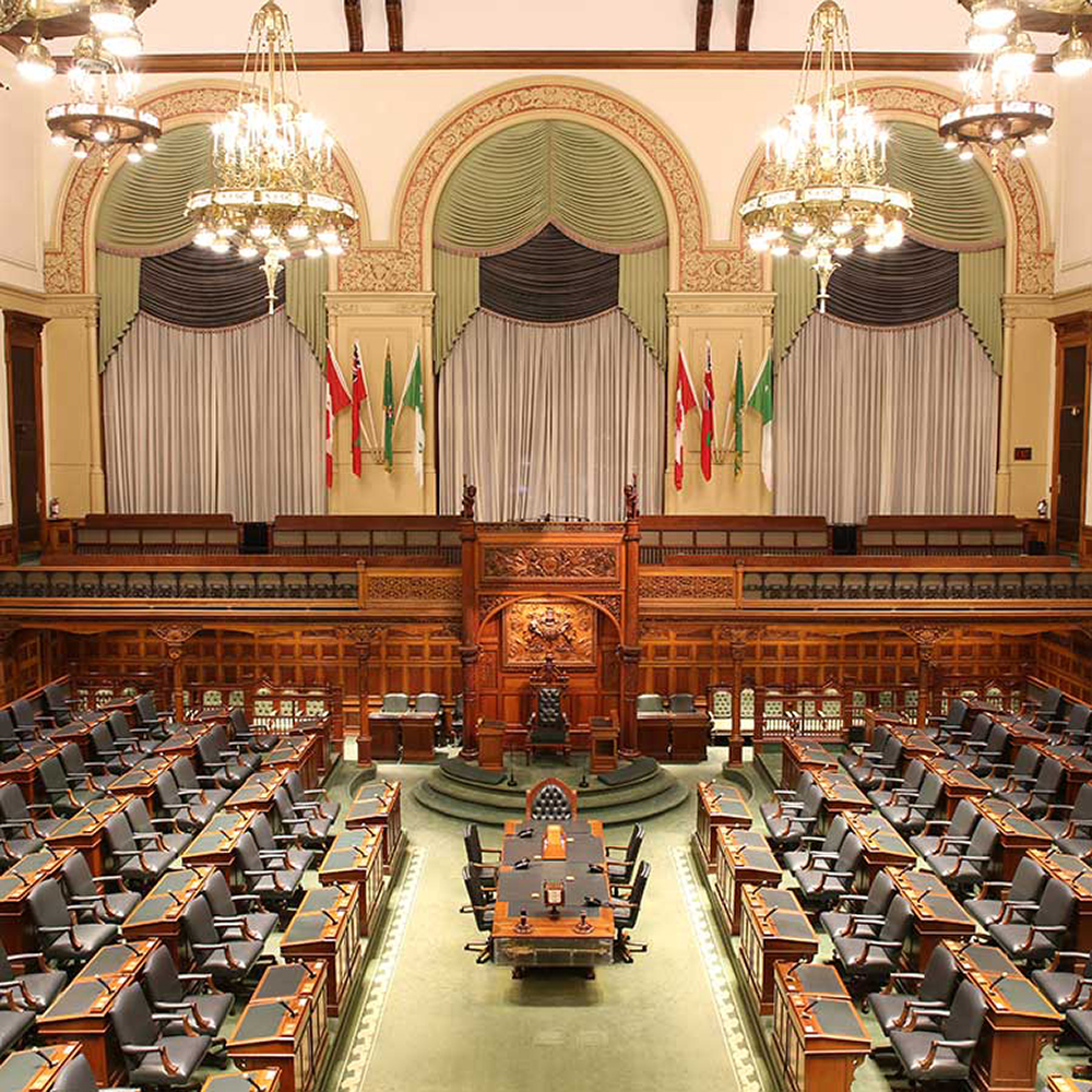 une vue complète de la Chambre législative représentant les sculptures en bois ornées qui y sont présentées
