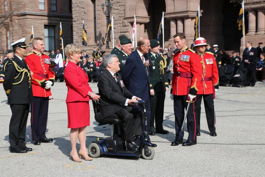 Picture of the Duke of Edinburgh with Lieutenant Governor David Onley and Mrs. Onley speaking with members of the Royal Canadian Regiment, 2013