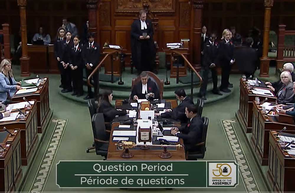 video still of the Speaker, clerks, and MPPs in the legislative Chamber and the caption "Question Period"