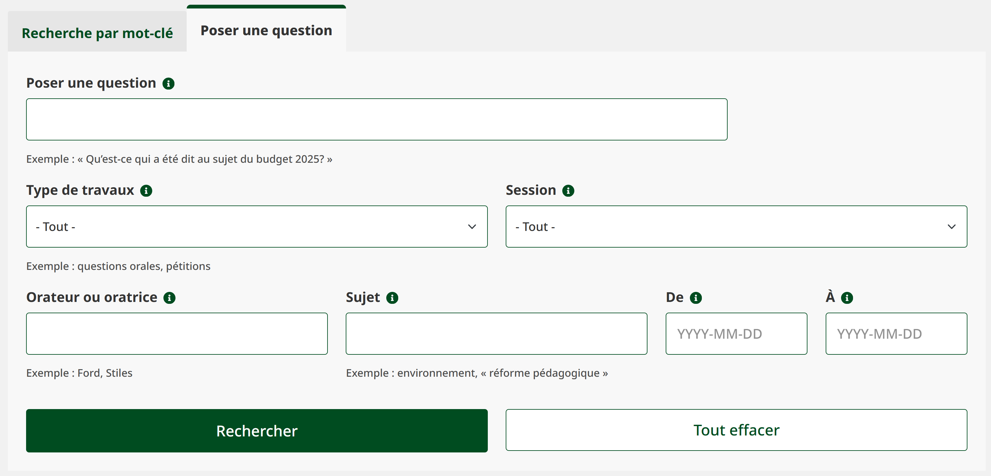 Capture d’écran de l’onglet Poser une question