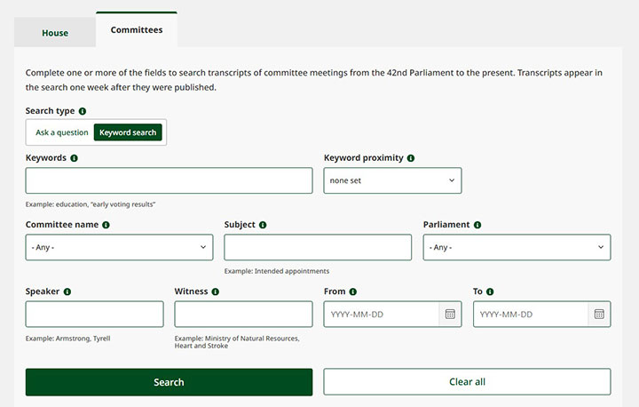 search interface with the Committee tab selected and Keyword search selected