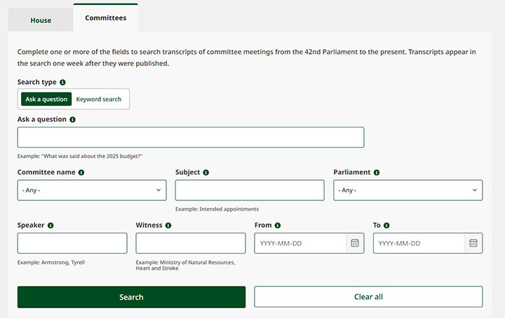 search interface with the Committee tab selected and Ask a question selected
