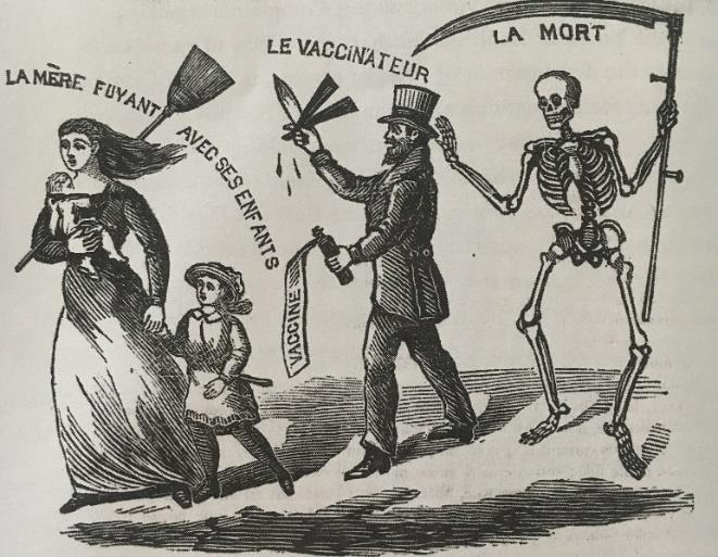 Bande dessinée en français représentant une femme portant un bébé et tenant un enfant par la main. Figure le texte suivant : « La mère fuyant avec ses enfants ». Elle est poursuivie par « le vaccinateur » (un homme armé d’un couteau sanglant et d’un flacon de vaccin) et par un squelette armé d’une faux, « la Mort ».