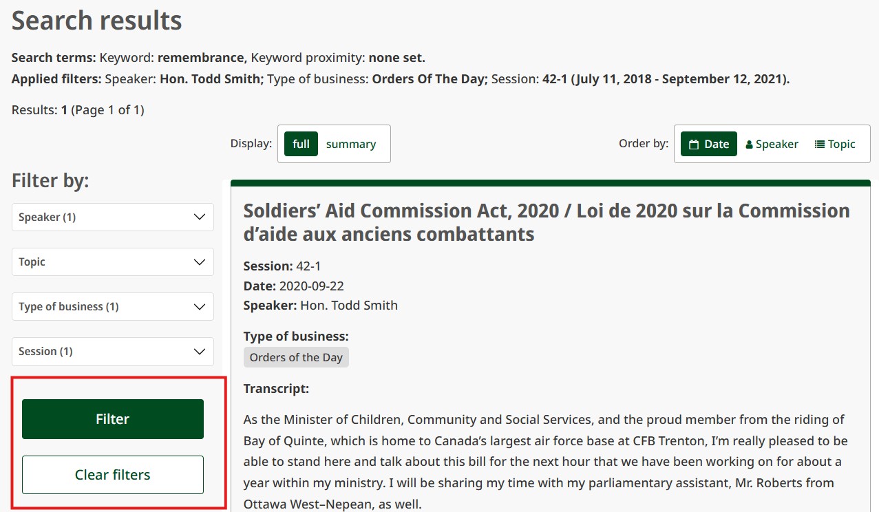 Screenshot showing the options to filter by with the buttons to “Filter” or “Clear filters” highlighted