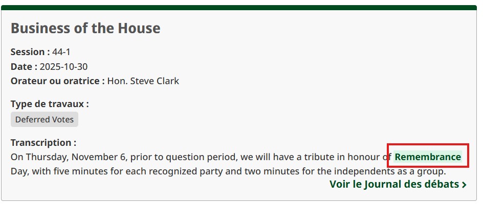 Capture d’écran où le terme anglais « Remembrance » est mis en évidence dans l’extrait de transcription. 