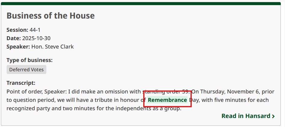Screenshot of a search result with the term “Remembrance” highlighted in the transcript excerpt. 