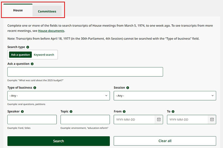 search interface showing the “House” and “Committees” tabs at the top