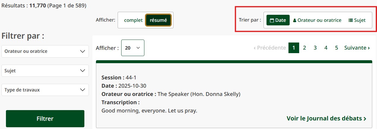 Capture d’écran des filtres par Date, Oratrice ou orateur et Sujet, où le filtre par Date est sélectionné.