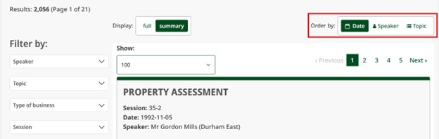 Screenshot showing the options to order by Date, Speaker, or Topic with the Date option selected. 