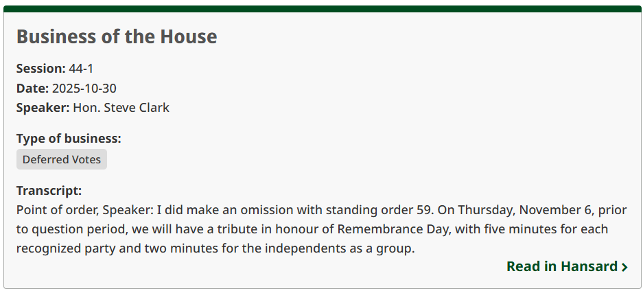 transcript excerpt showing "Business of the House" at the top