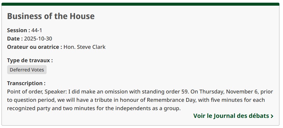 extrait de la transcription montrant « Business of the House » en haut