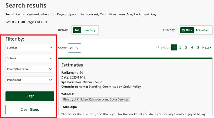 Hansard search interface showing the filter options of "Speaker," "Subject," “Committee name” and "Parliament"