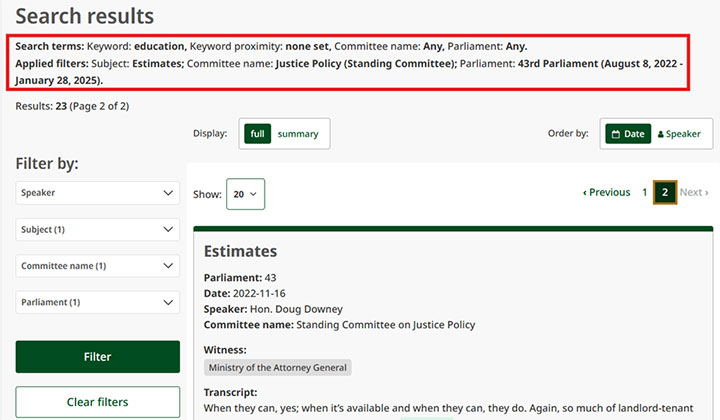 Hansard search interface showing the applied search terms and filters