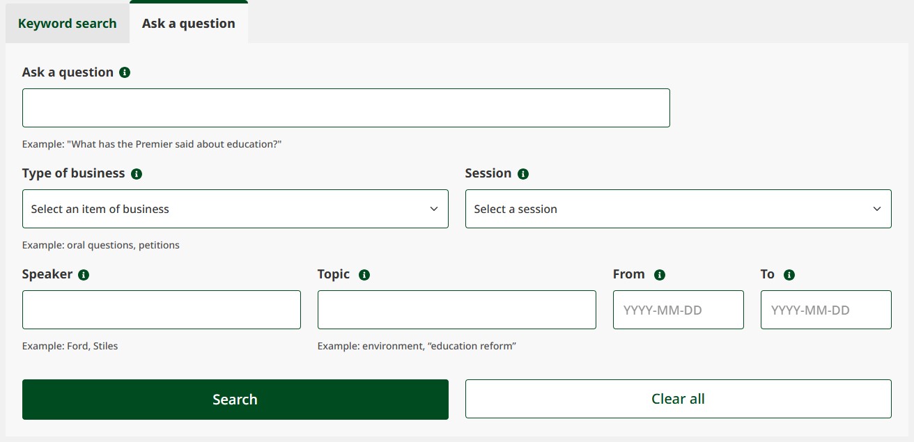 screenshot of the interface for the Ask a question search tab