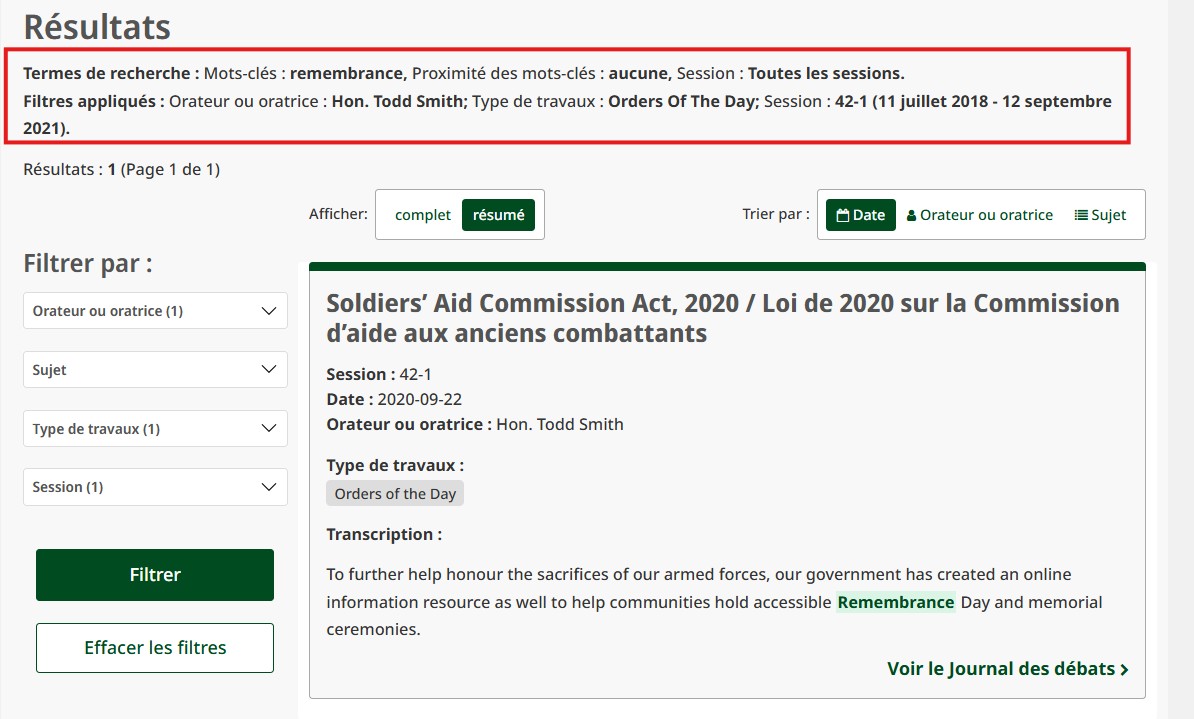 Interface de recherche du hansard affichant les options de filtre 