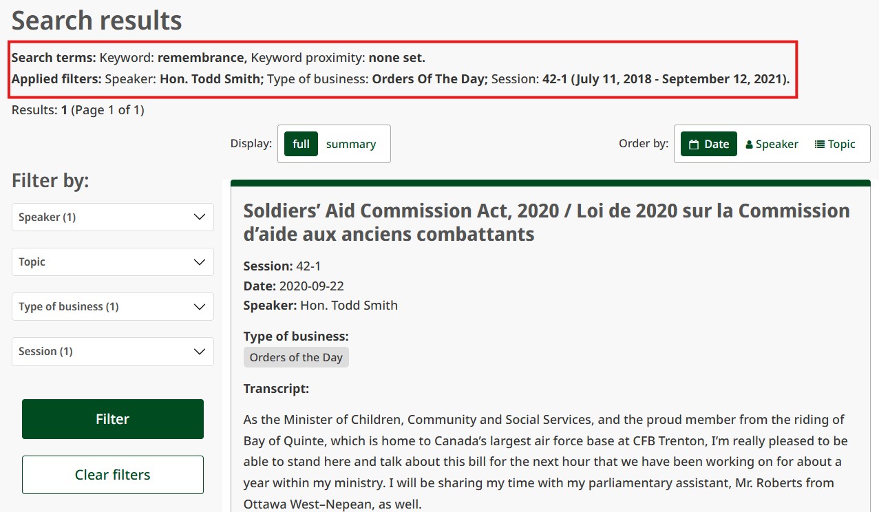 Hansard search interface showing the applied search terms and filters