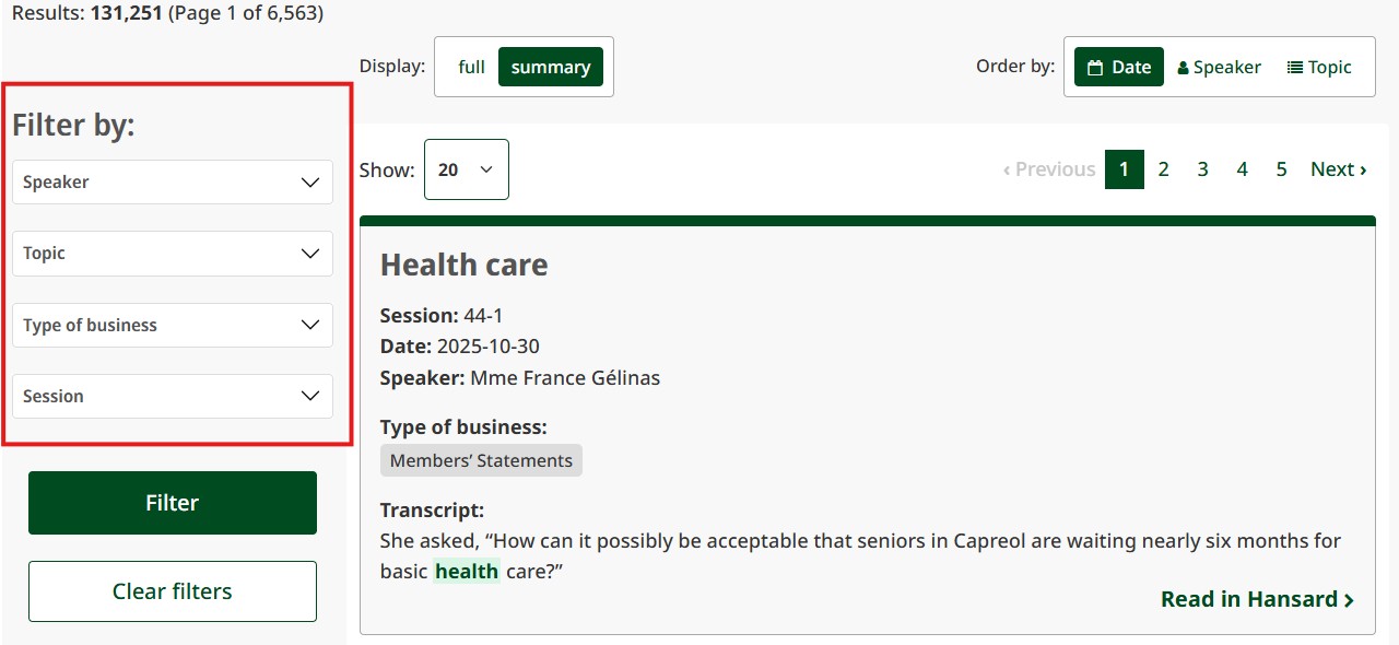 Hansard search interface showing the filter options of "Speaker," "Topic," and "Type of business"