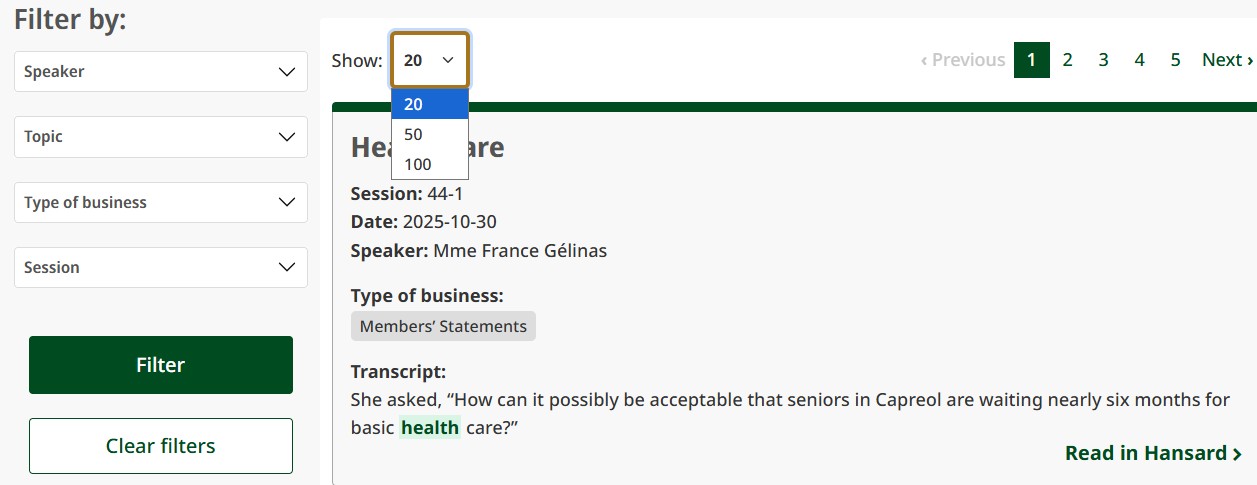 screenshot of Hansard search interface showing the number 20 on a drop-down menu next to the word "show"