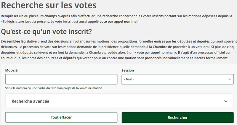 Capture d’écran de l’interface de l’outil de recherche avec les champs « Mot-clé » et « Session » ainsi que le menu déroulant « Recherche avancée » et les boutons « Tout effacer » et « Rechercher ». 