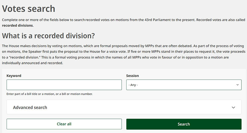 Screenshot of votes search interface with fields for “Keyword” and “Session,” an “Advanced search” expandable box, and buttons for “Clear all” and “Search.”