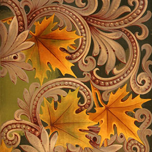  Painted maple leaf ceiling motif. Motif de plafond en feuille d'érable peint.
