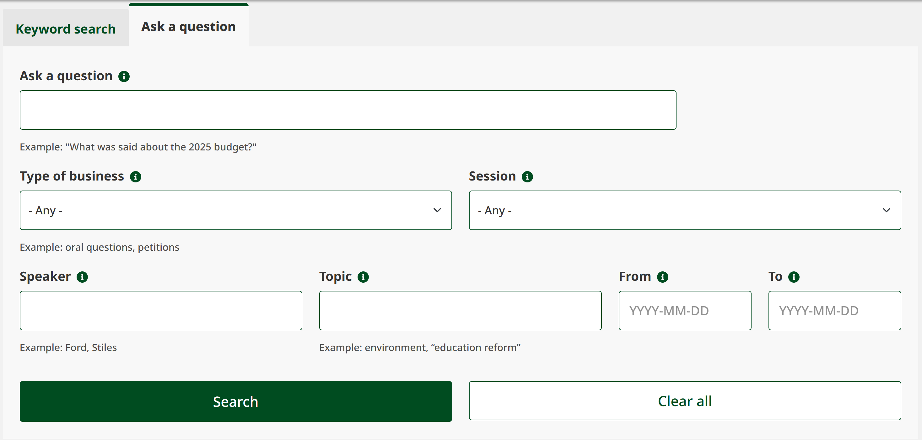 Screenshot of the Ask a question search feature.