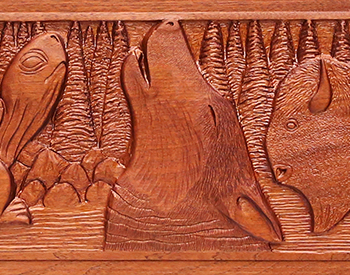 Seven Grandfather Teachings carving in the Legislative Chamber