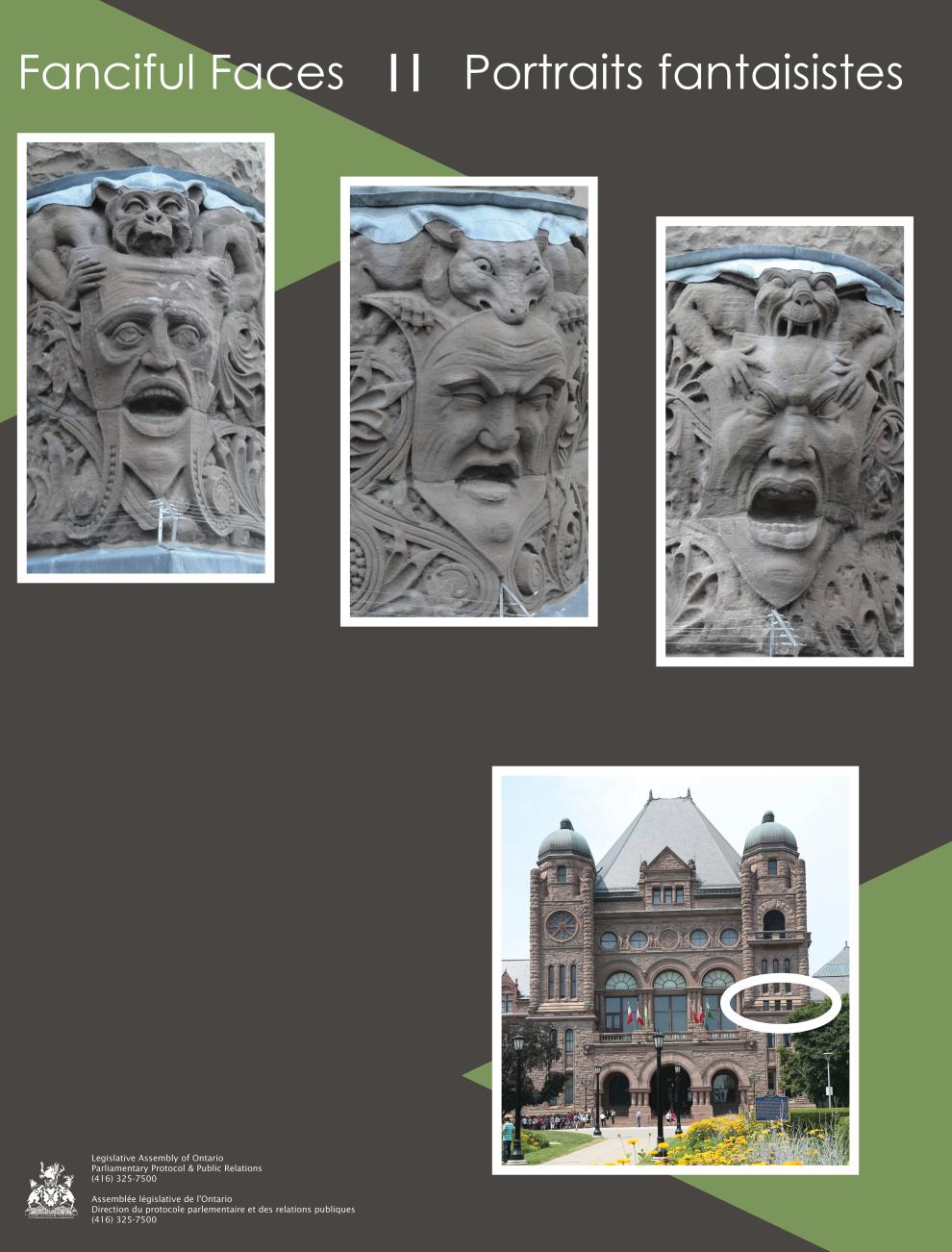 Pictures showing carvings referred to as grotesques that are located on the Legislative Building façade