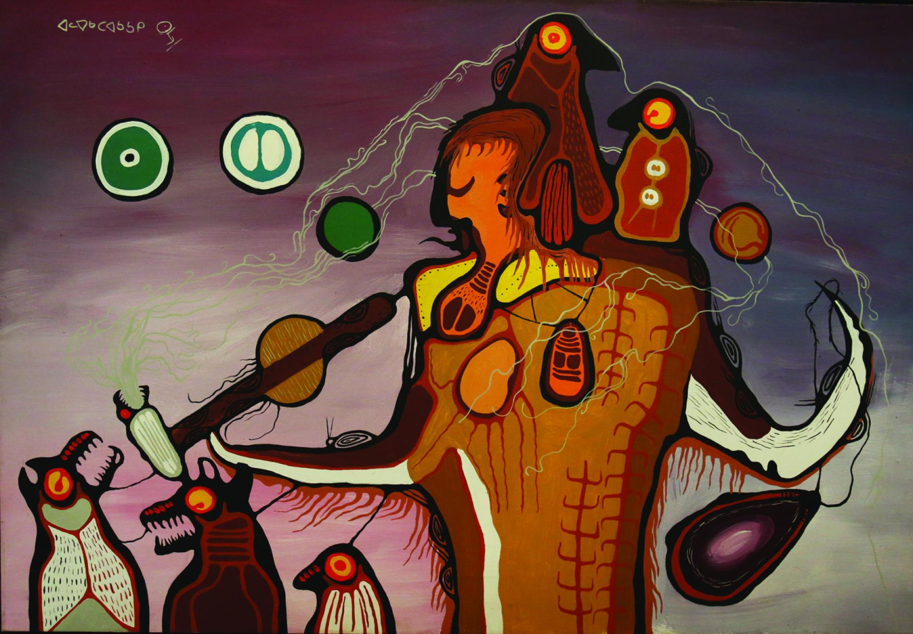 Image montrant la toile intitulée Tobacco Ceremony, v. 1975 par artiste autochtone Blake Debassige Image montrant la toile intitulée Tobacco Ceremony, v. 1975 par artiste autochtone Blake Debassige
