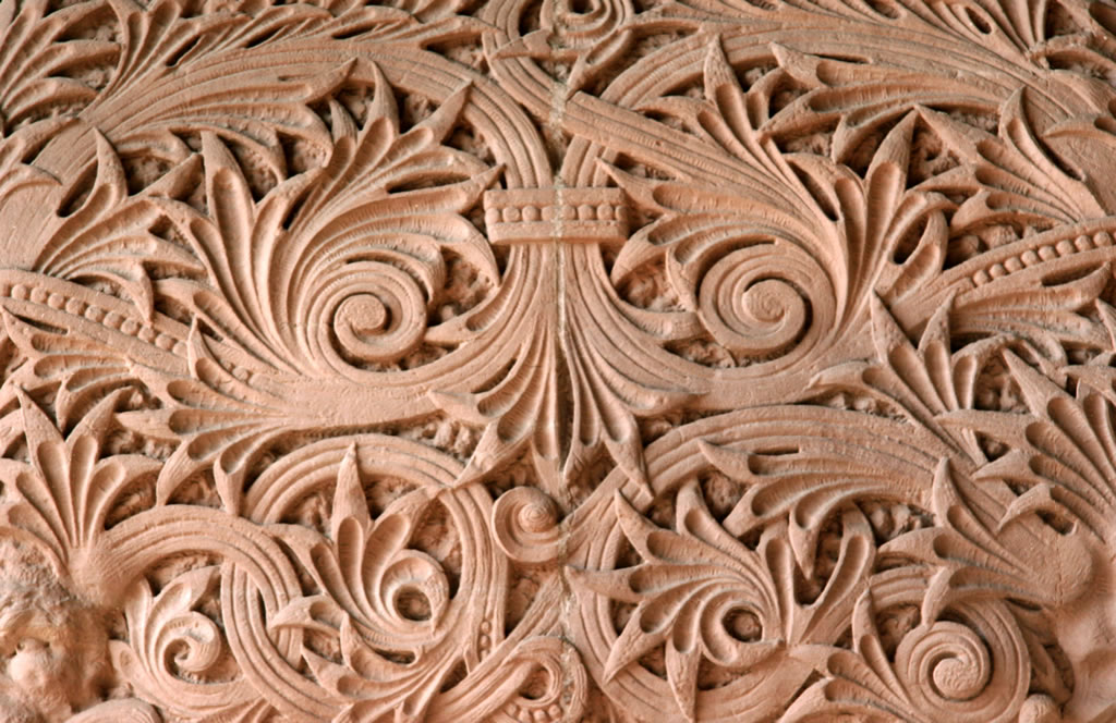 Intricate leaf motif carved into the sandstone of the south entrance of the Legislative Building.