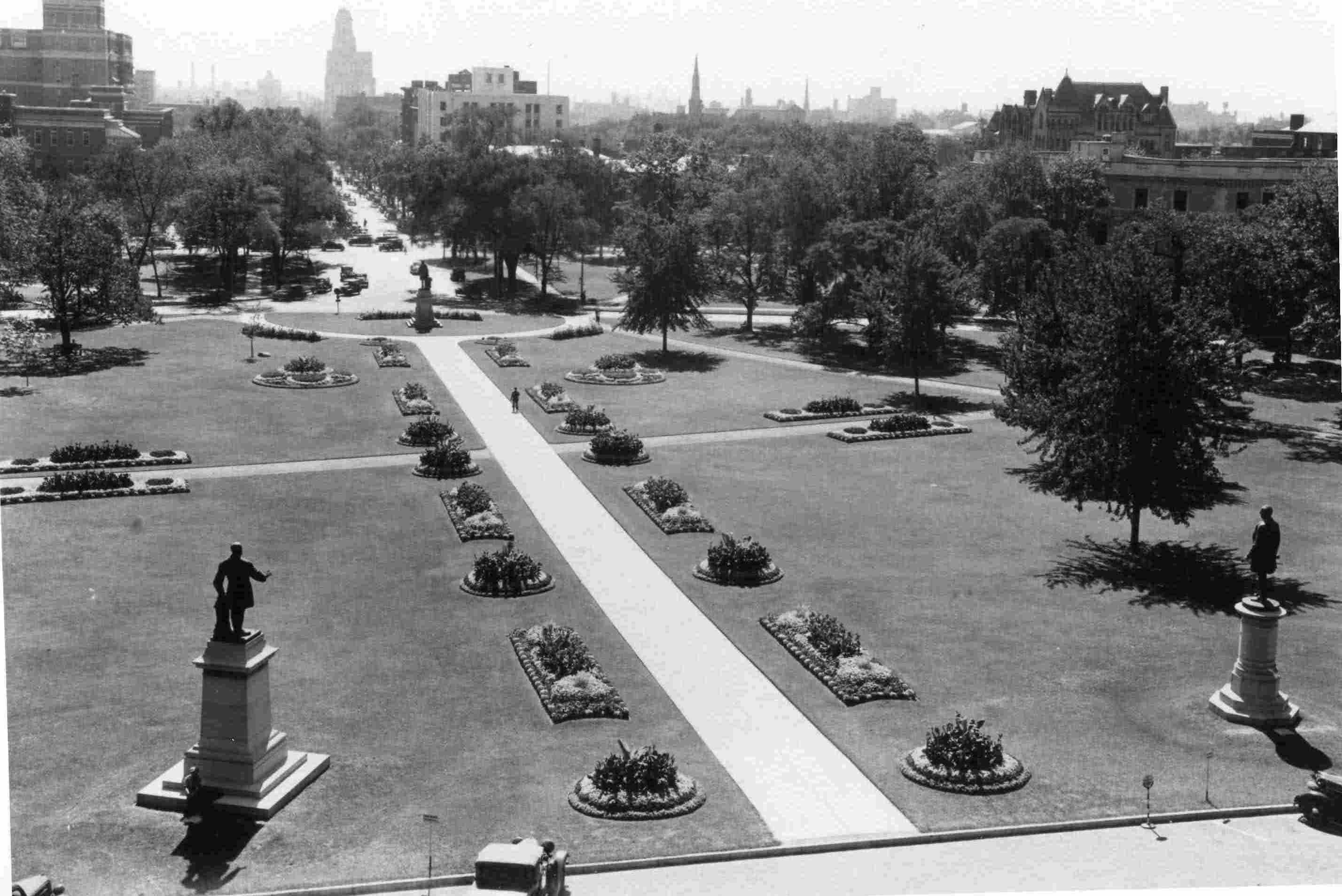 Looking south on the grounds of the Legislative Building, 1930s.