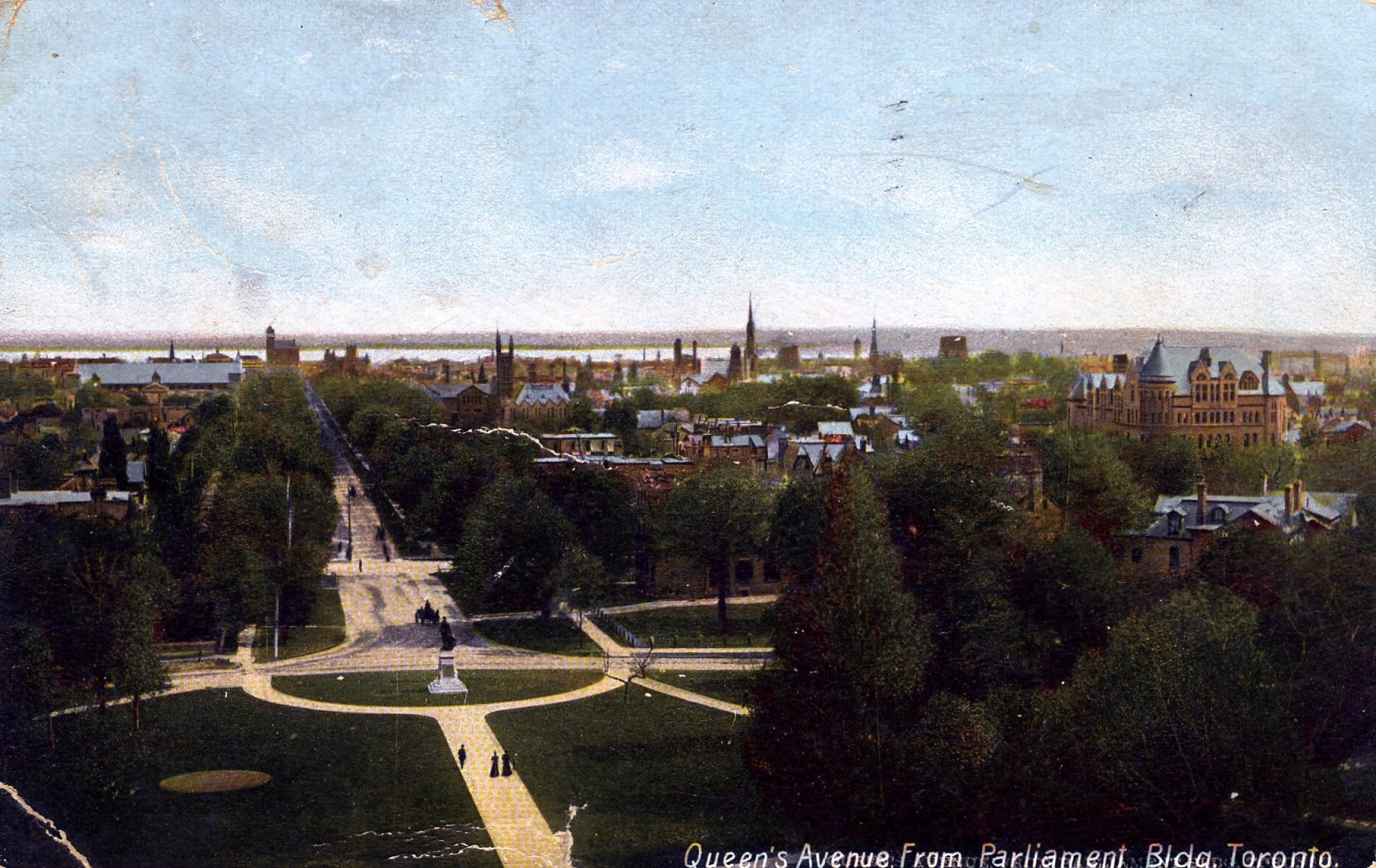 Vue aérienne de Toronto regardant vers le sud de l’édifice législatif, vers 1905.