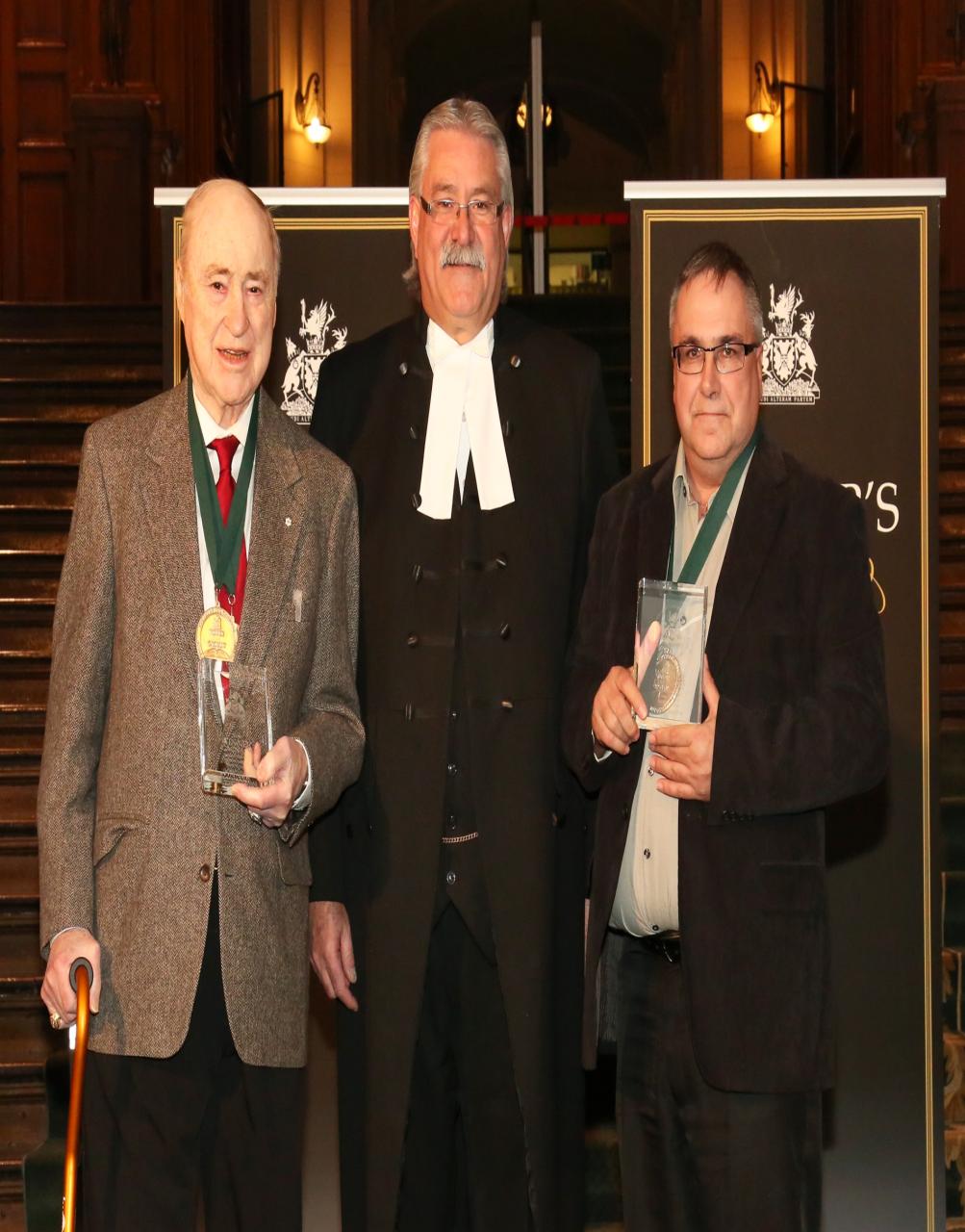Photo of Red Kelly and David Dupuis, authors of the Red Kelly Story, with Speaker Dave Levac