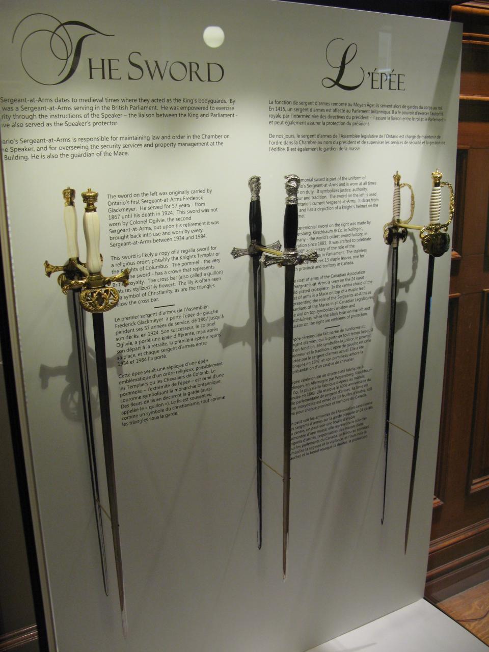 Three swords are on display in the lobby of the Legislative Building