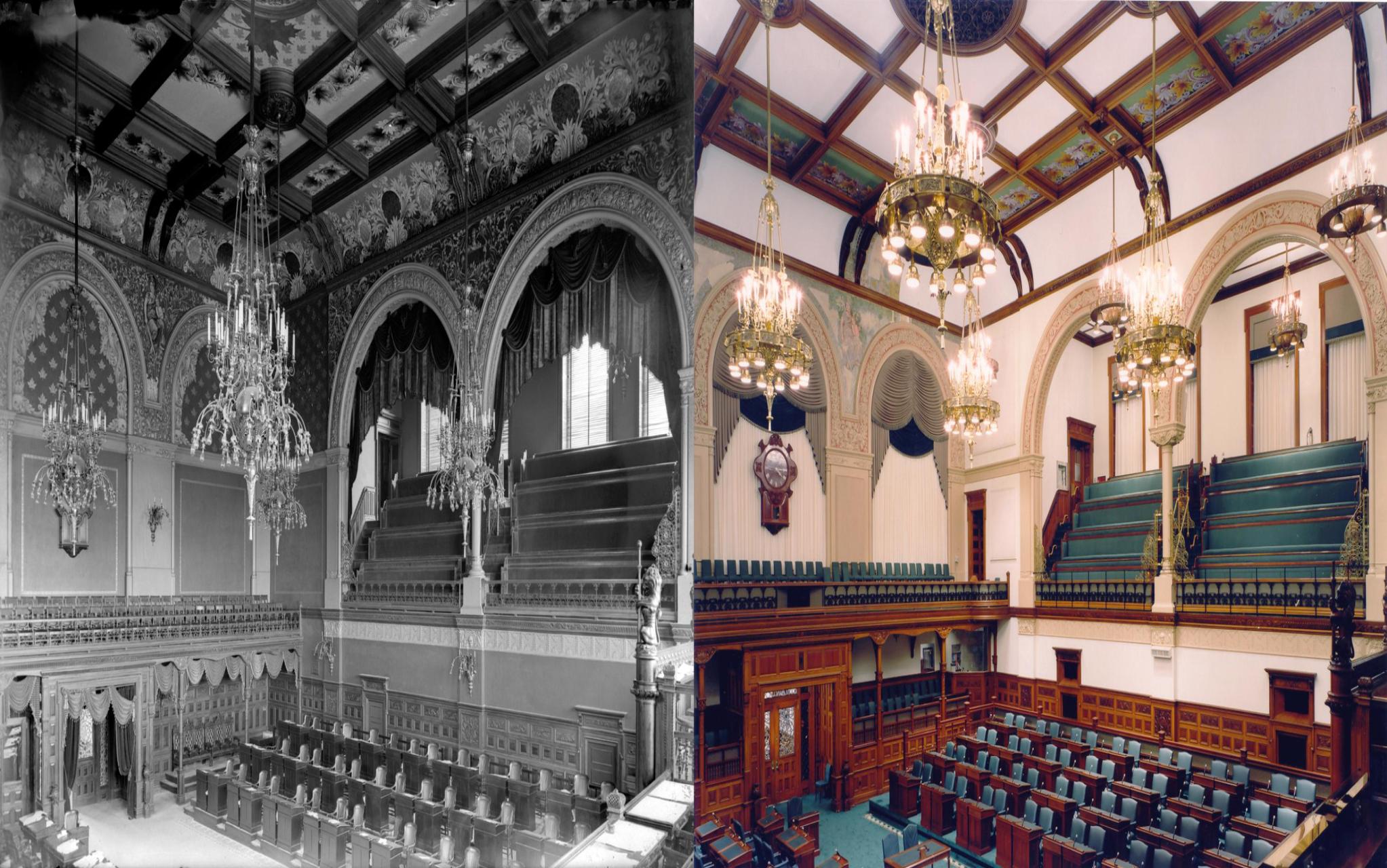 The Legislative Chamber - the view on the left is from 1893, the view on the right is from present day