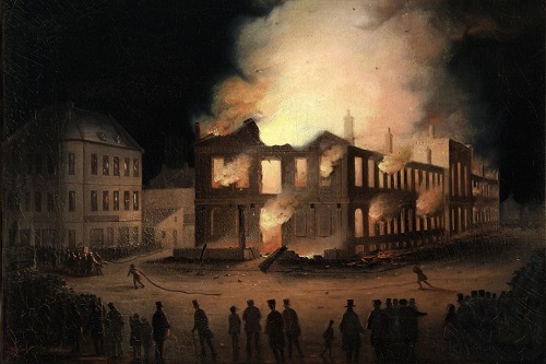 Burning of Parliament of Canada, Montreal, 1849 by Joesph Légaré [McCord Museum]