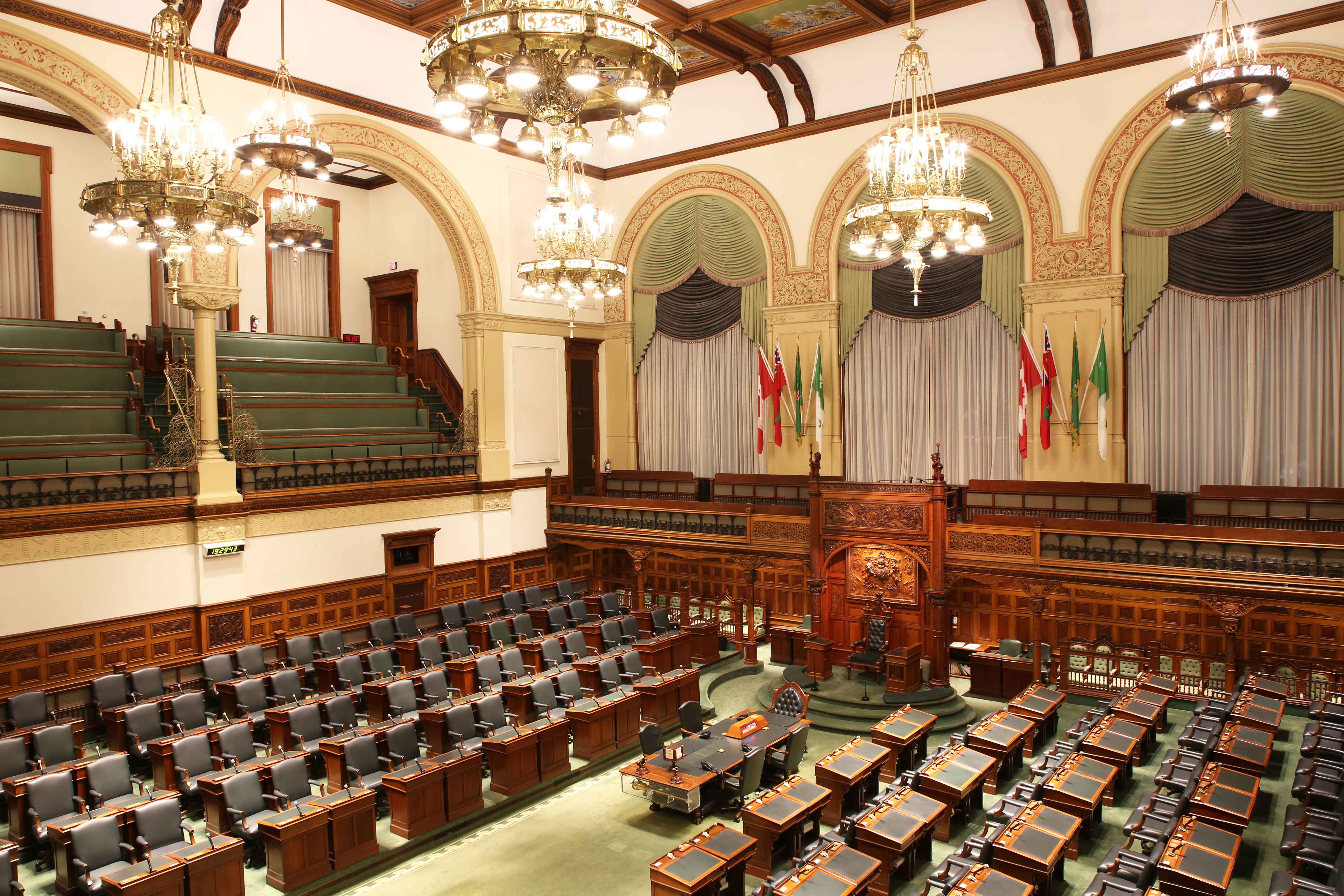 A top down, angled view of the Legislative Chamber