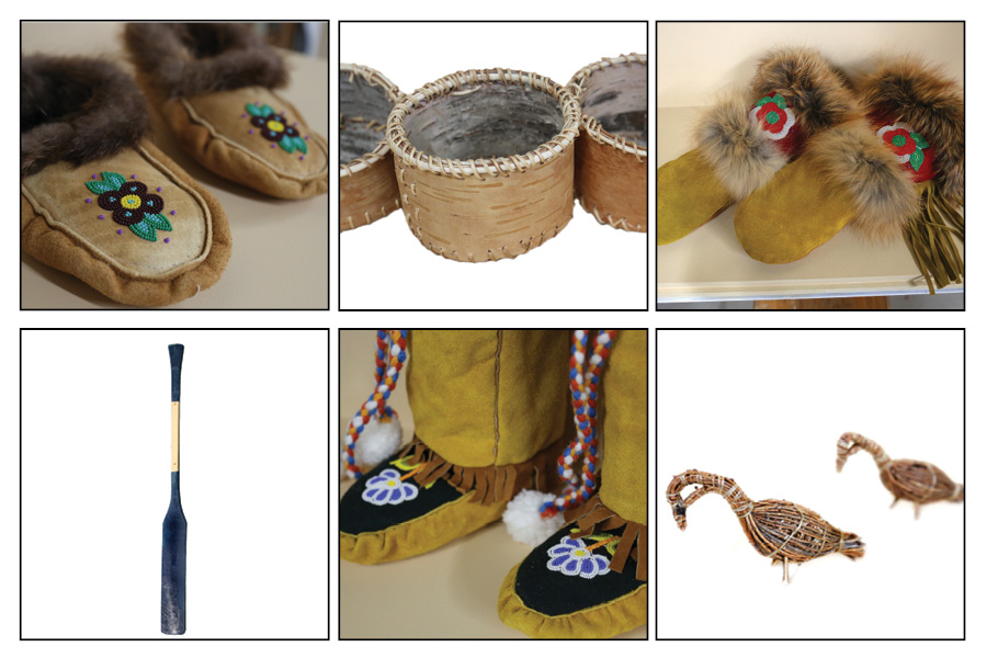 Images des objets de la Première Nation de Marten Falls First Nation y compris des moccasins, moufles, pagaies de canoë et oiseaux Tamarac