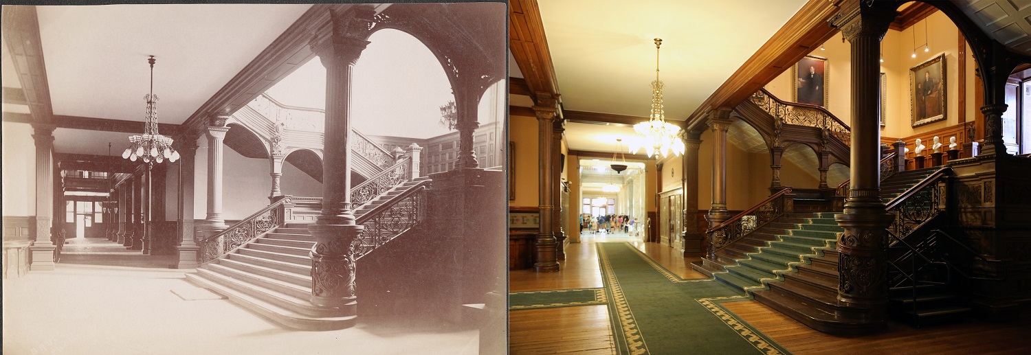Two pictures of the grand staircase inside Ontario's Legislative Building