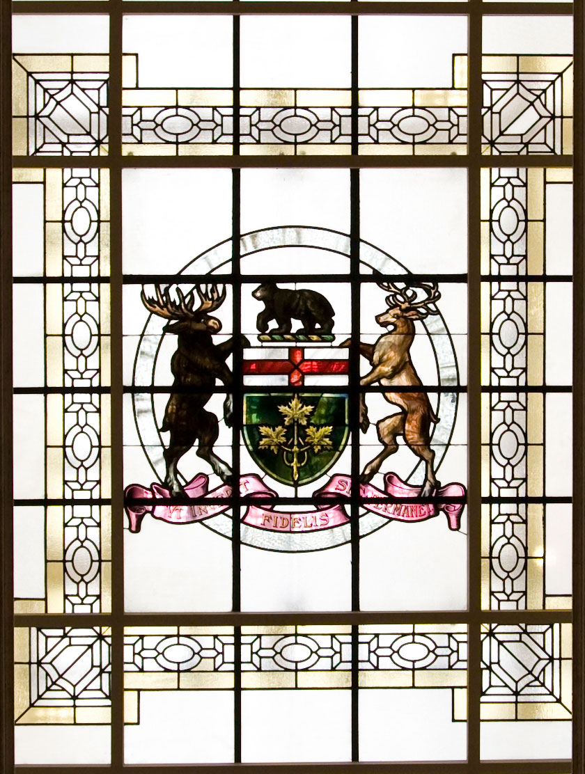 The West wing stained glass ceiling depicting the province of Ontario's coat of arms. 