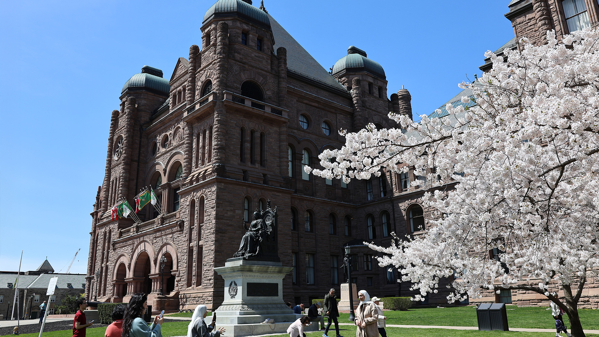 The front of the legislative building in late spring, with people gathering on the front lawn to take photos beneath the blooming cherry blossom tree.