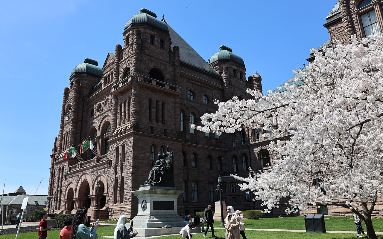 Des visiteuses et visiteurs en train de prendre des photos sous les cerisiers en fleur devant l’édifice de l’Assemblée législative au printemps.