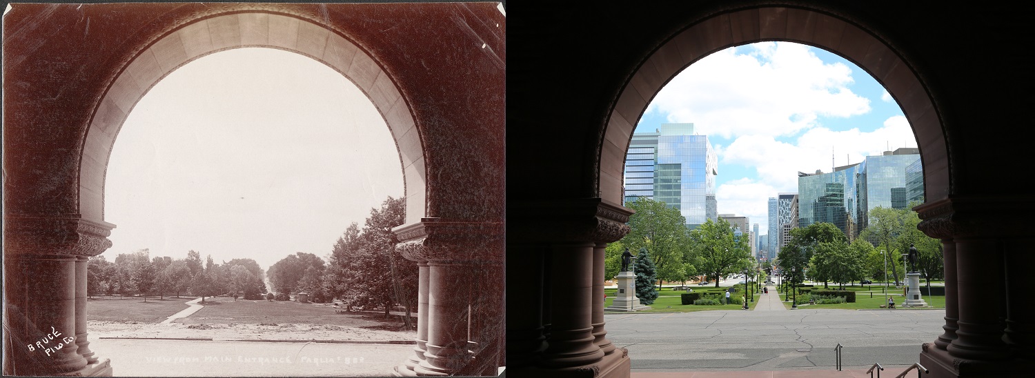 Images contrastées d'une vue vers le sud à travers les arches de l'édifice législatif à Queen's Park, Toronto