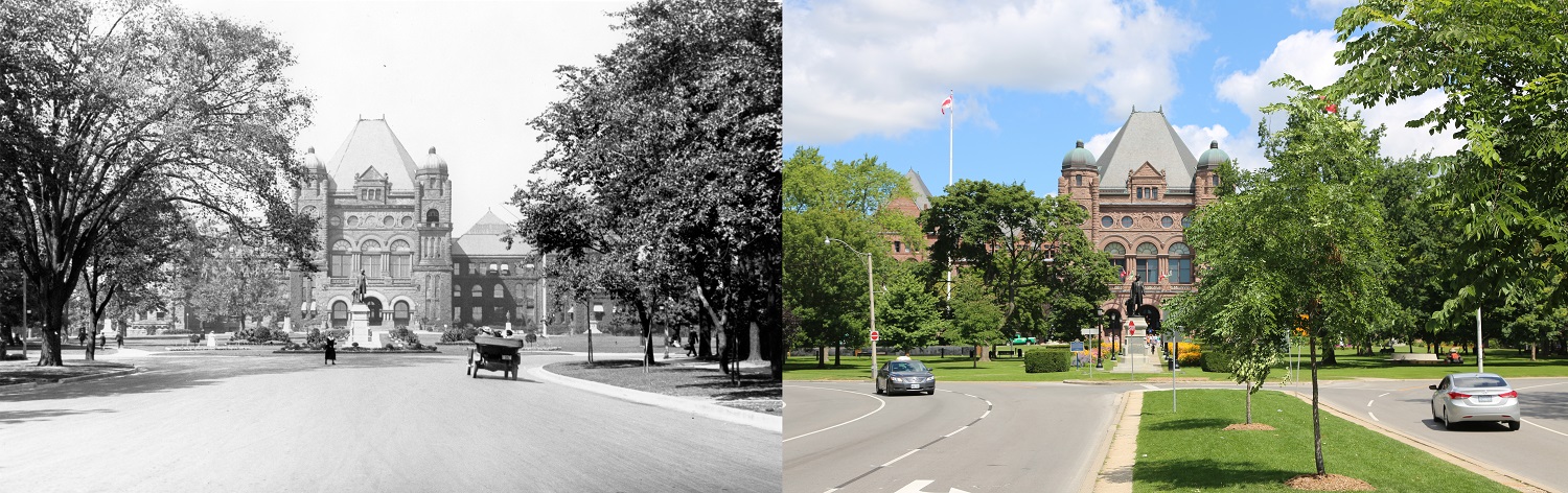 Two contrasting pictures looking towards Ontario's Legislative Building from College Avenue