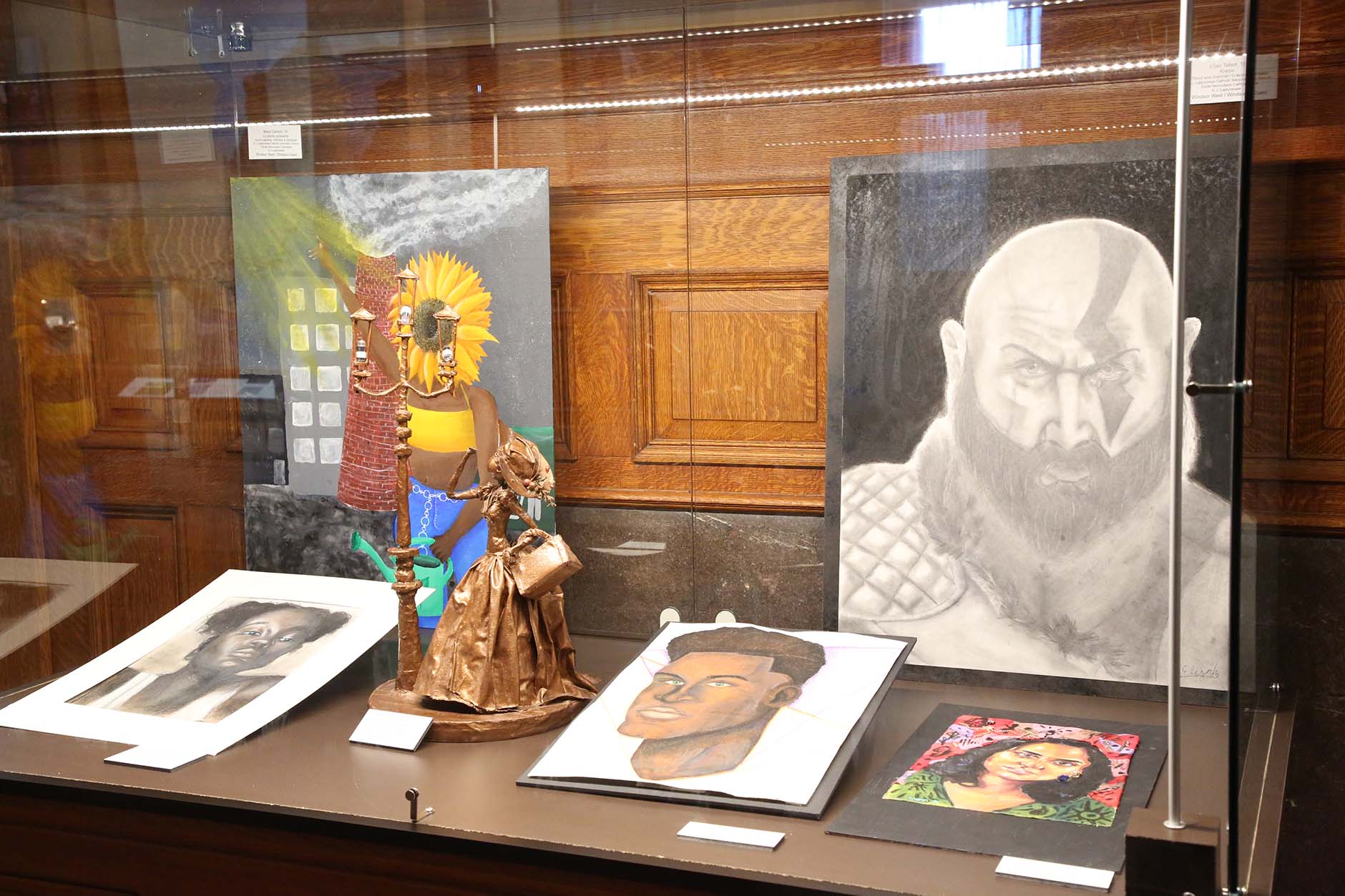 Paintings, drawings and a sculpture by student artists in the 2020 Youth Arts Program.
